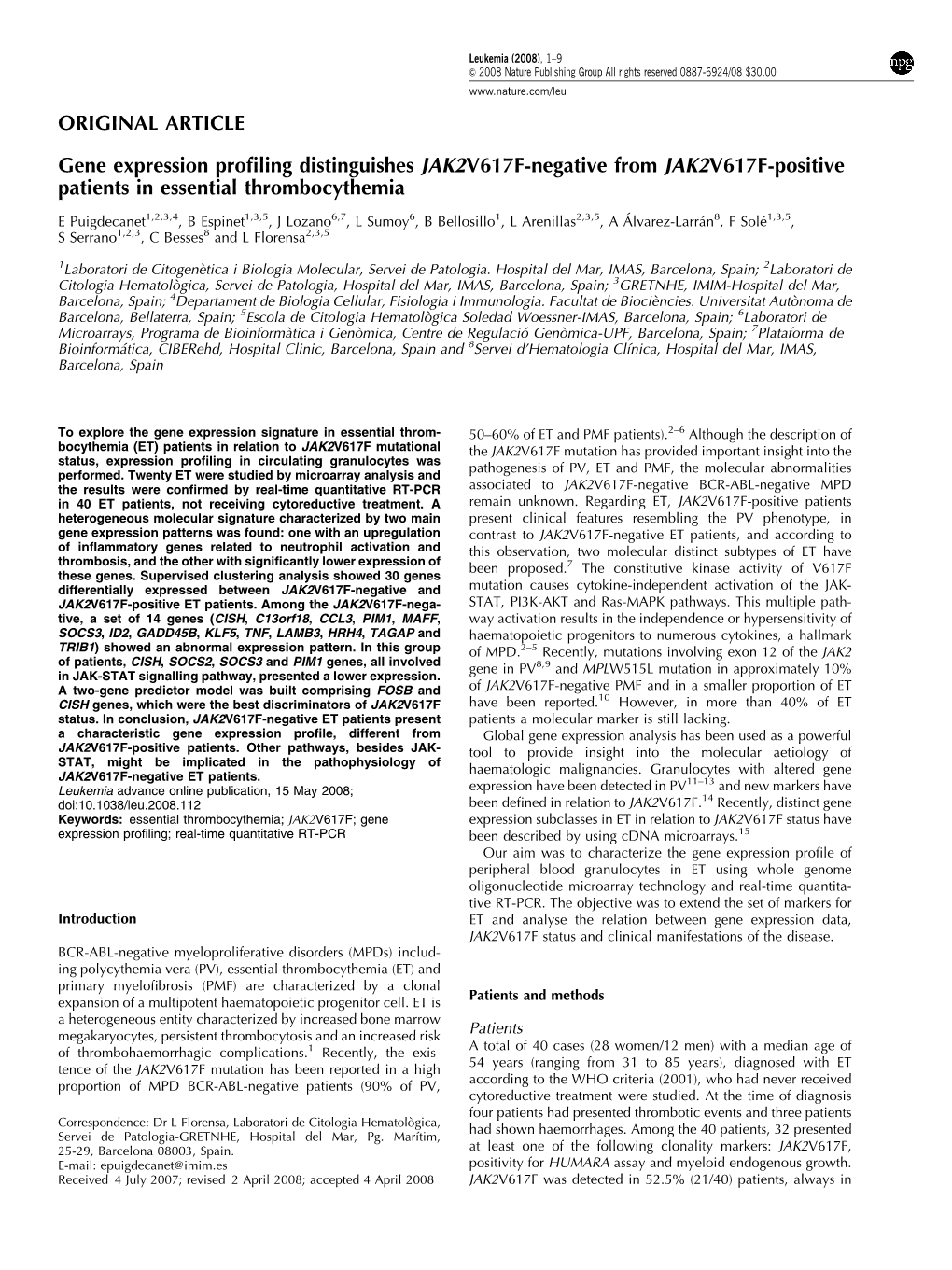 ORIGINAL ARTICLE Gene Expression Profiling Distinguishes JAK2V617F