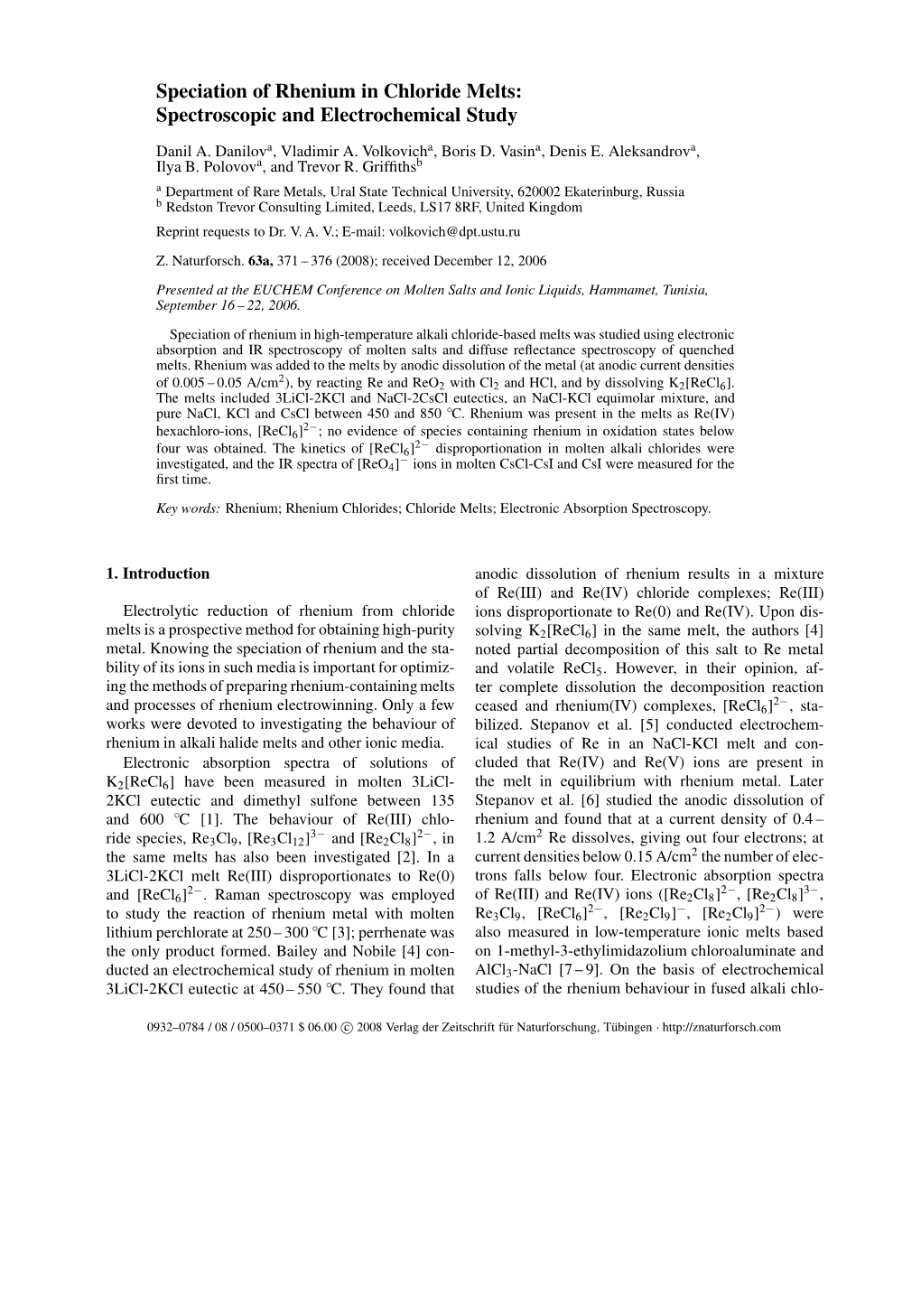 Speciation of Rhenium in Chloride Melts: Spectroscopic and Electrochemical Study