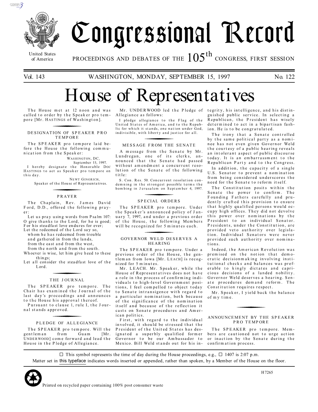 Congressional Record United States Th of America PROCEEDINGS and DEBATES of the 105 CONGRESS, FIRST SESSION