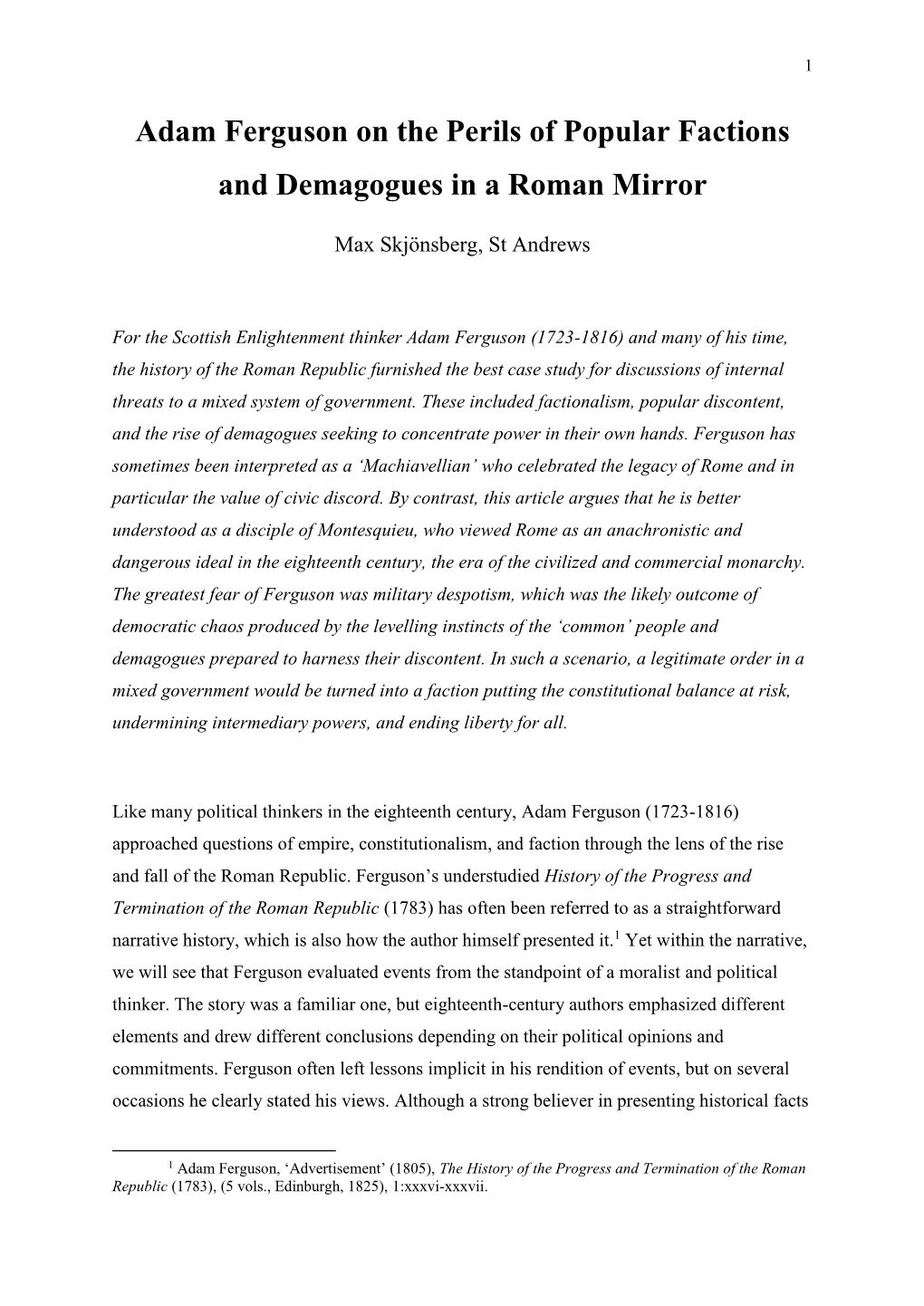 Adam Ferguson on the Perils of Popular Factions and Demagogues in a Roman Mirror