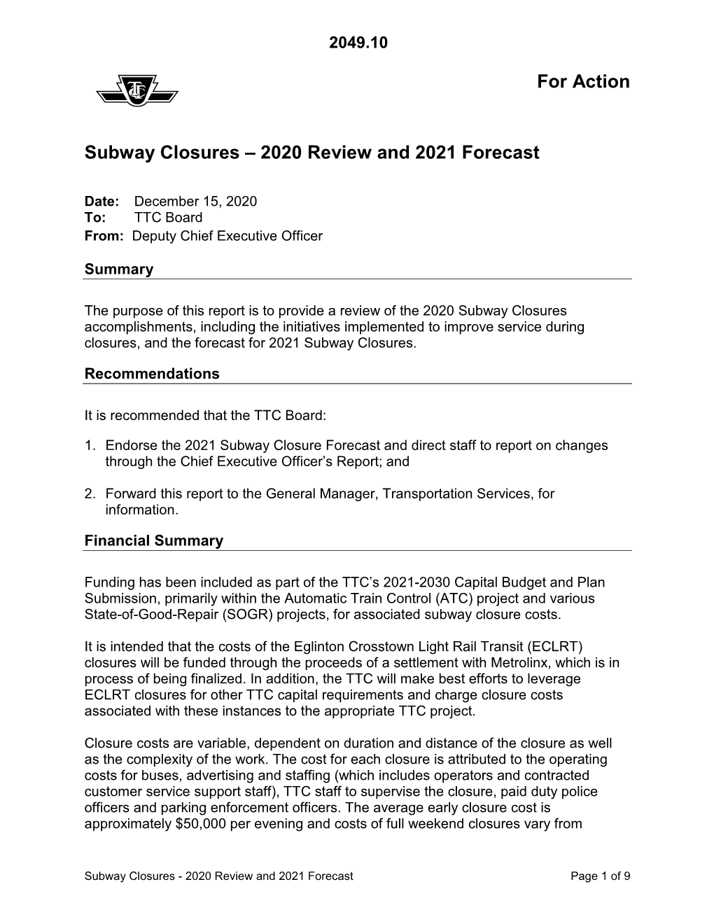Subway Closures – 2020 Review and 2021 Forecast