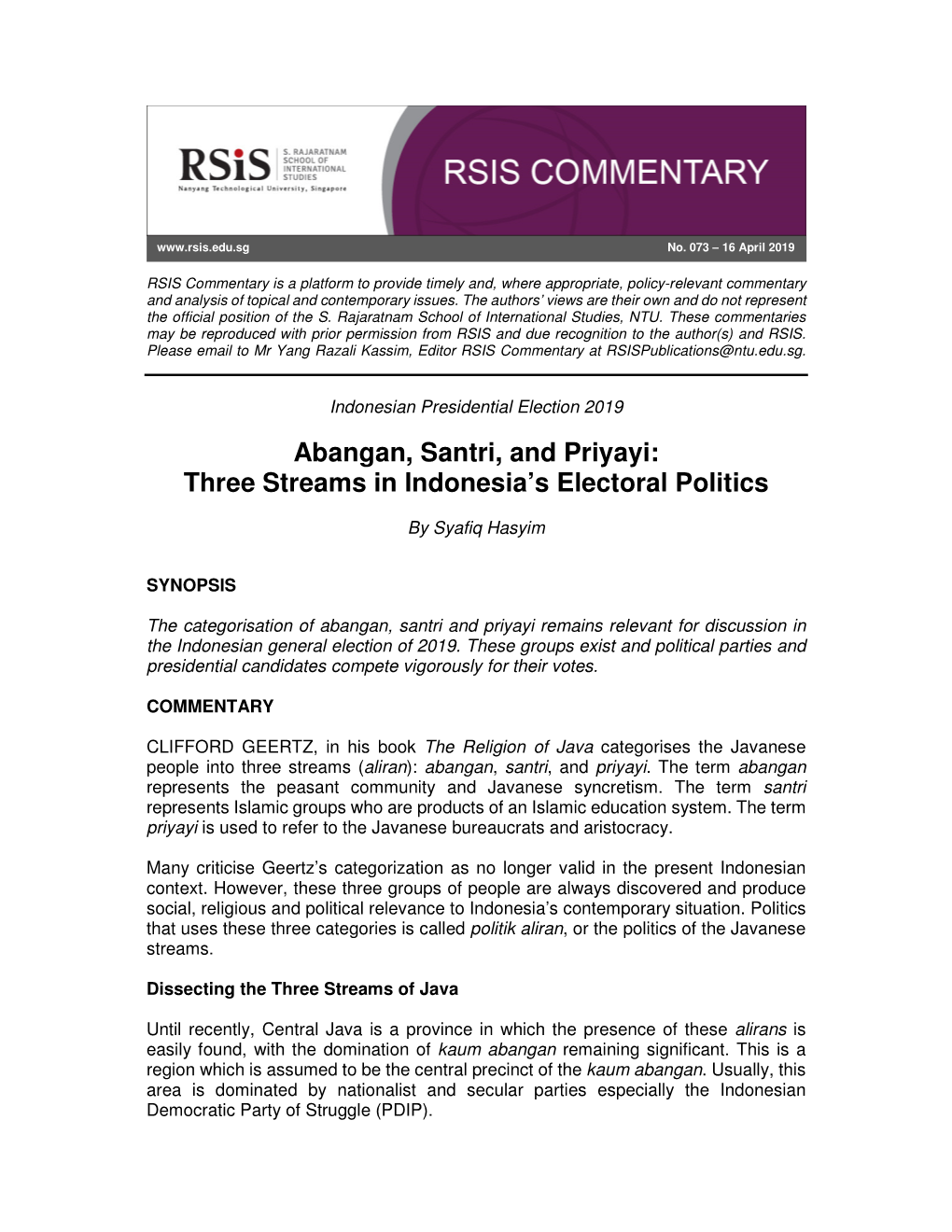 Abangan, Santri, and Priyayi: Three Streams in Indonesia’S Electoral Politics