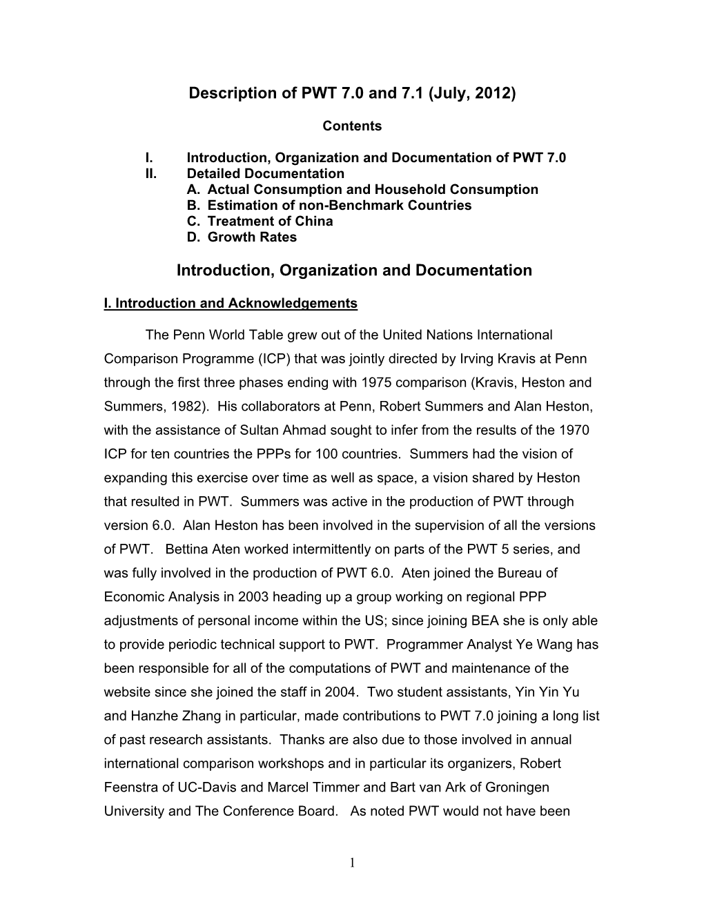 Description of PWT 7.0 and 7.1 (July, 2012) Introduction, Organization