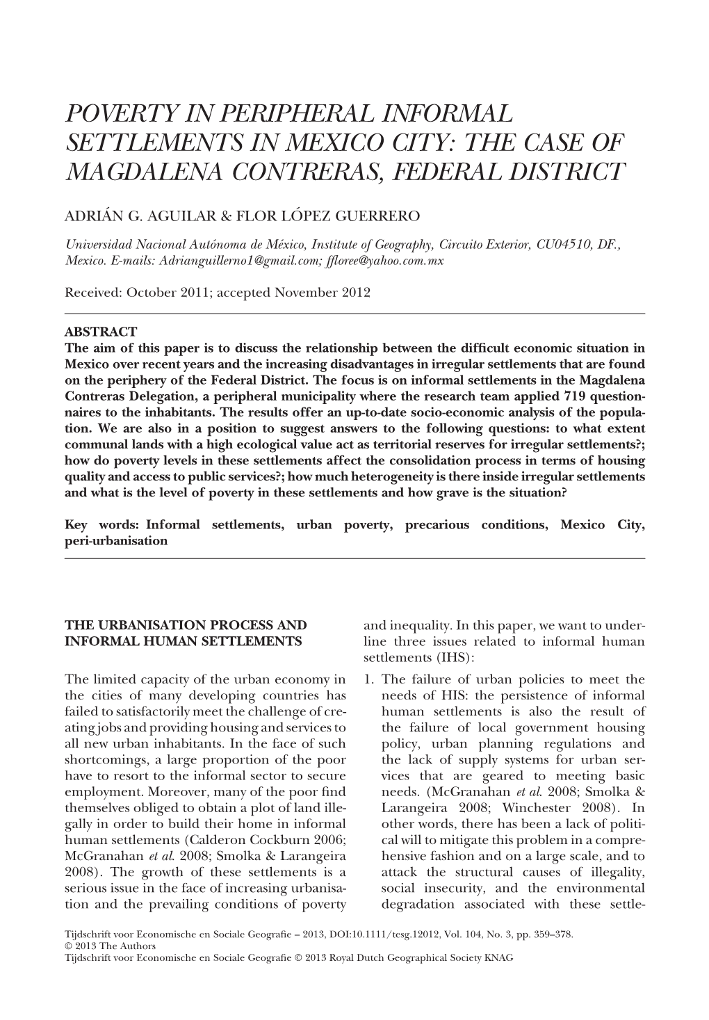 Poverty in Peripheral Informal Settlements in Mexico City: the Case of Magdalena Contreras, Federal District