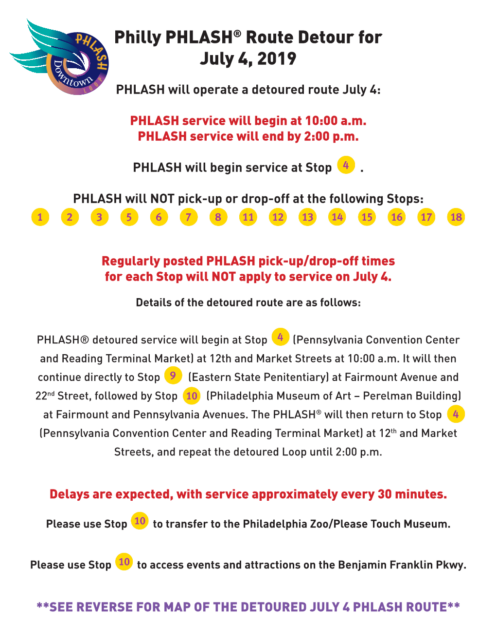 Philly PHLASH® Route Detour for July 4, 2019