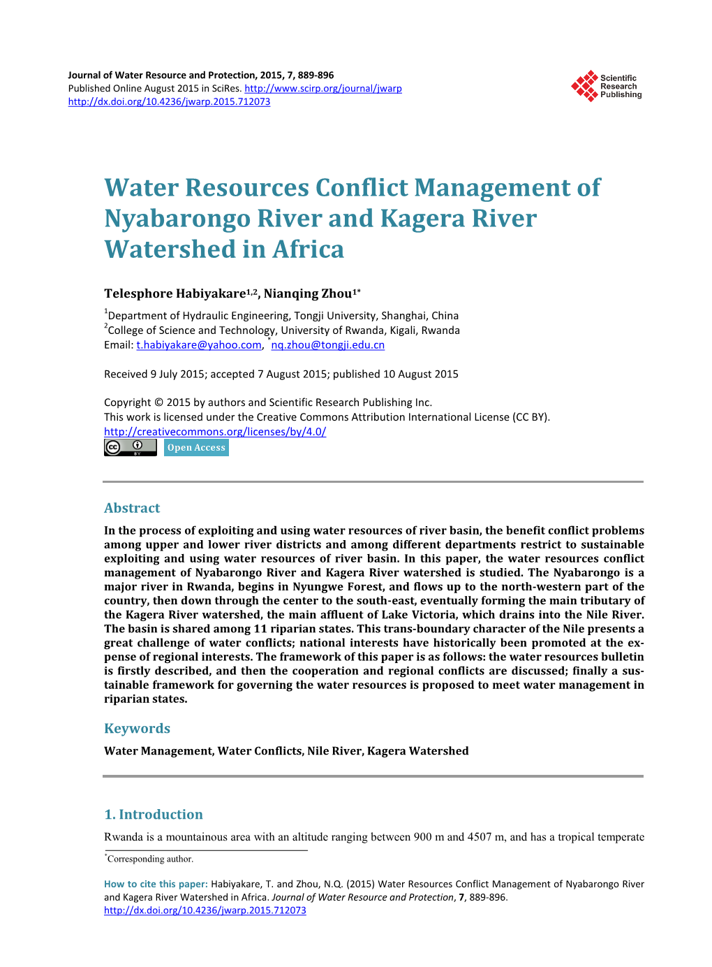 Water Resources Conflict Management of Nyabarongo River and Kagera River Watershed in Africa