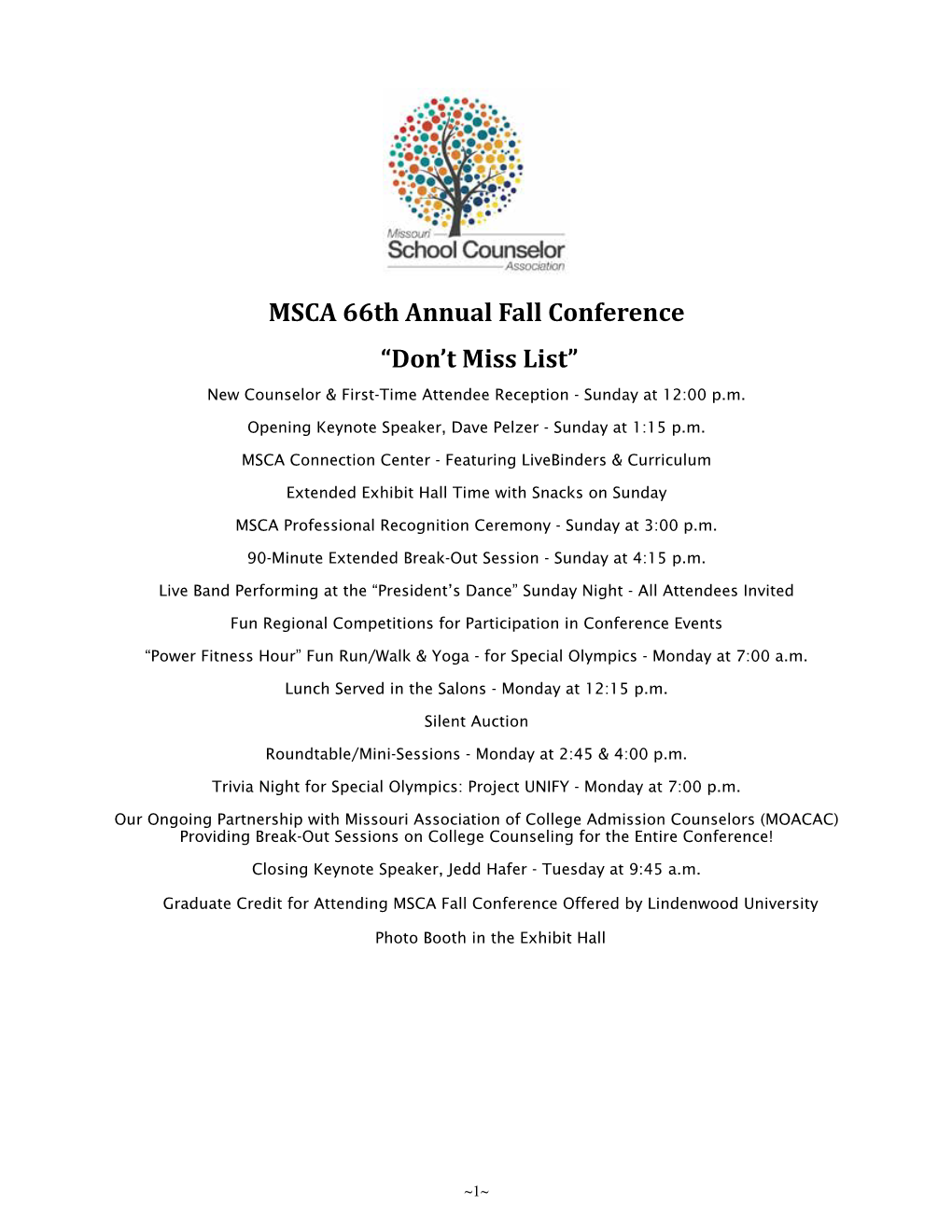 MSCA 66Th Annual Fall Conference “Don't Miss List”