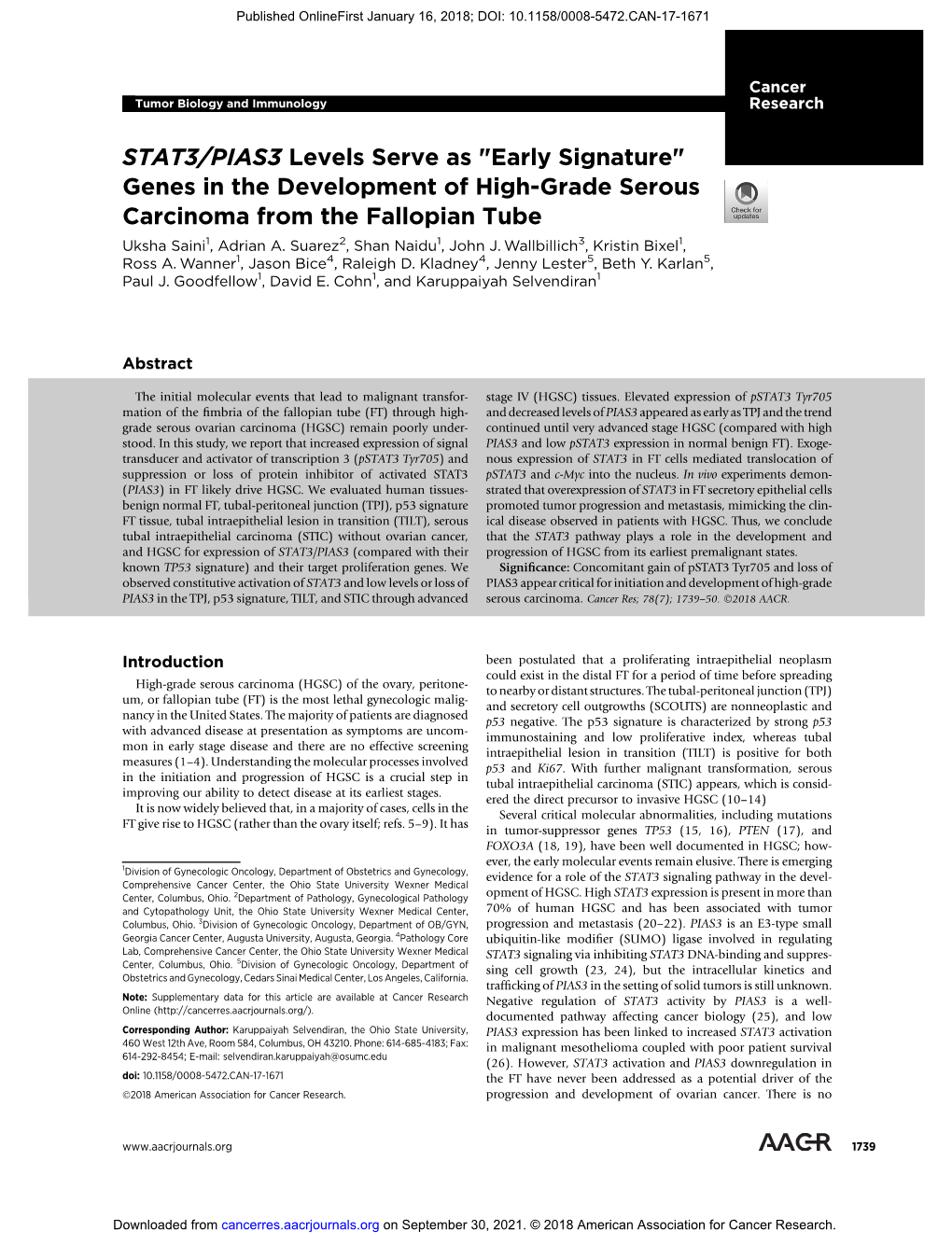 STAT3/PIAS3 Levels Serve As "Early Signature" Genes in the Development of High-Grade Serous Carcinoma from the Fallopian Tube Uksha Saini1, Adrian A