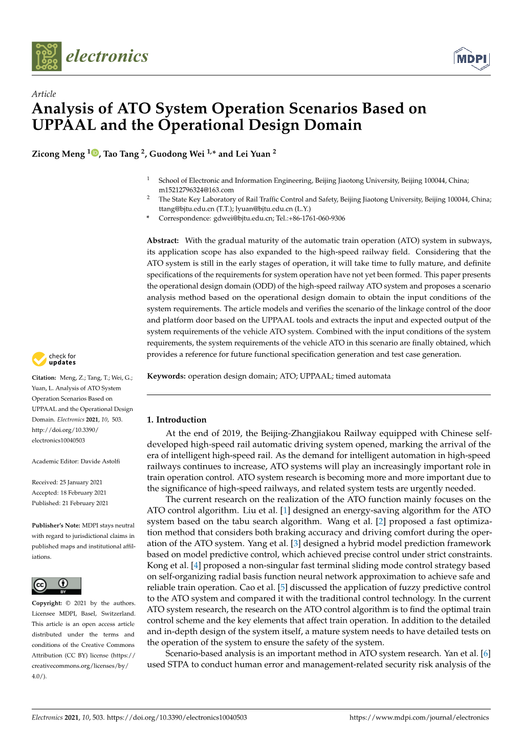 Analysis of ATO System Operation Scenarios Based on UPPAAL and the Operational Design Domain