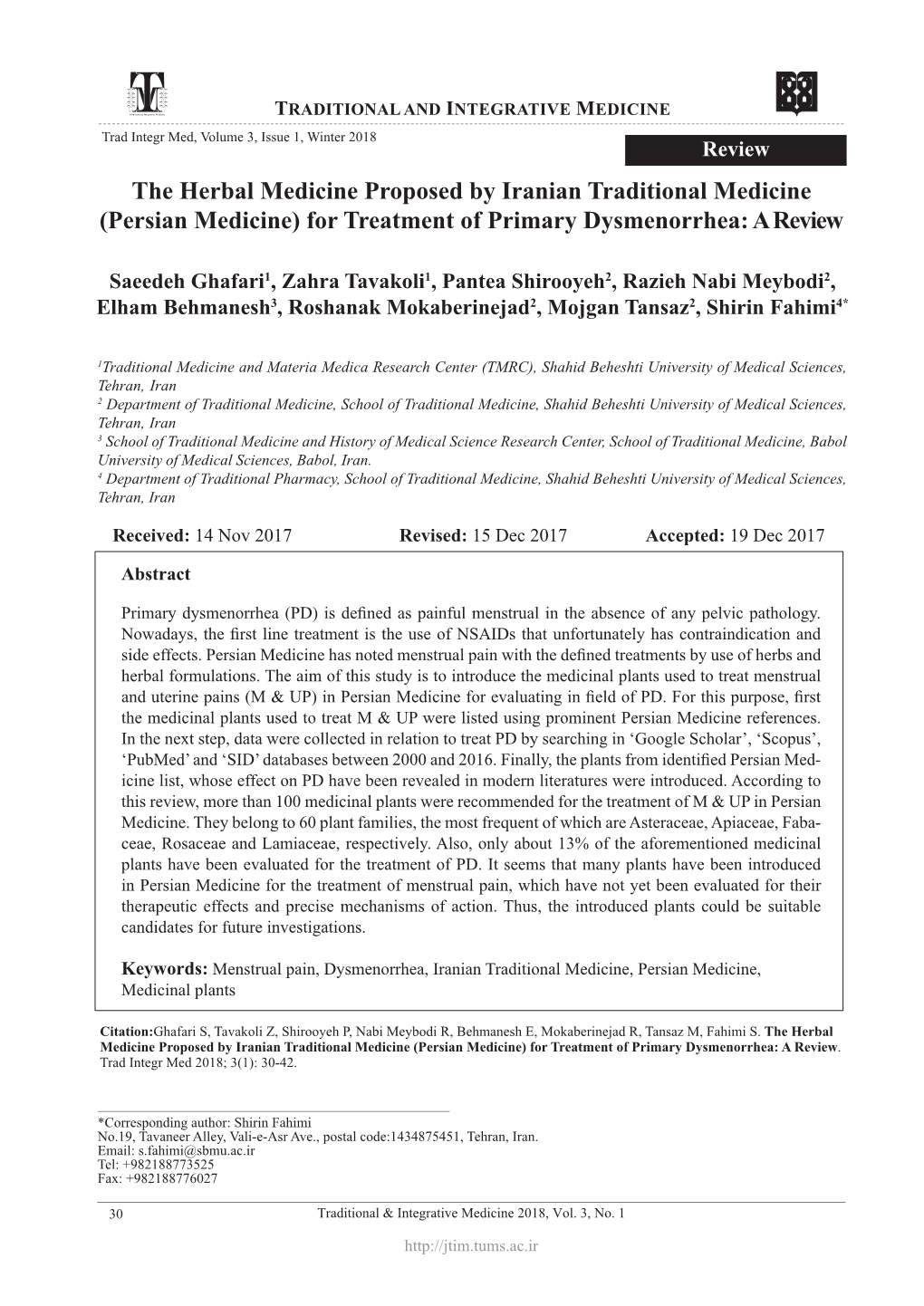 The Herbal Medicine Proposed by Iranian Traditional Medicine (Persian Medicine) for Treatment of Primary Dysmenorrhea: a Review