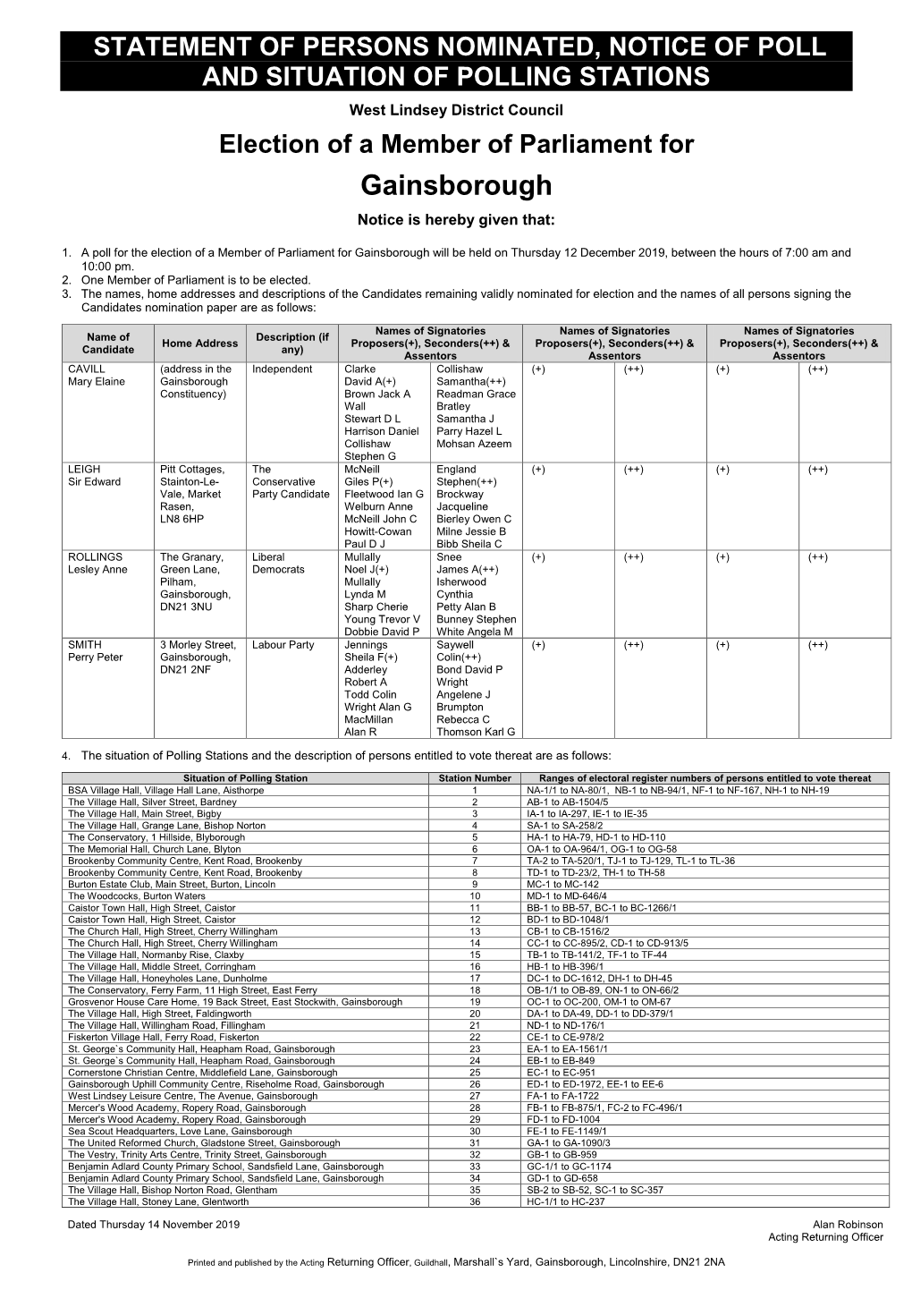 Statement of Persons Nominated & Notice of Poll & Situation of Polling Stations