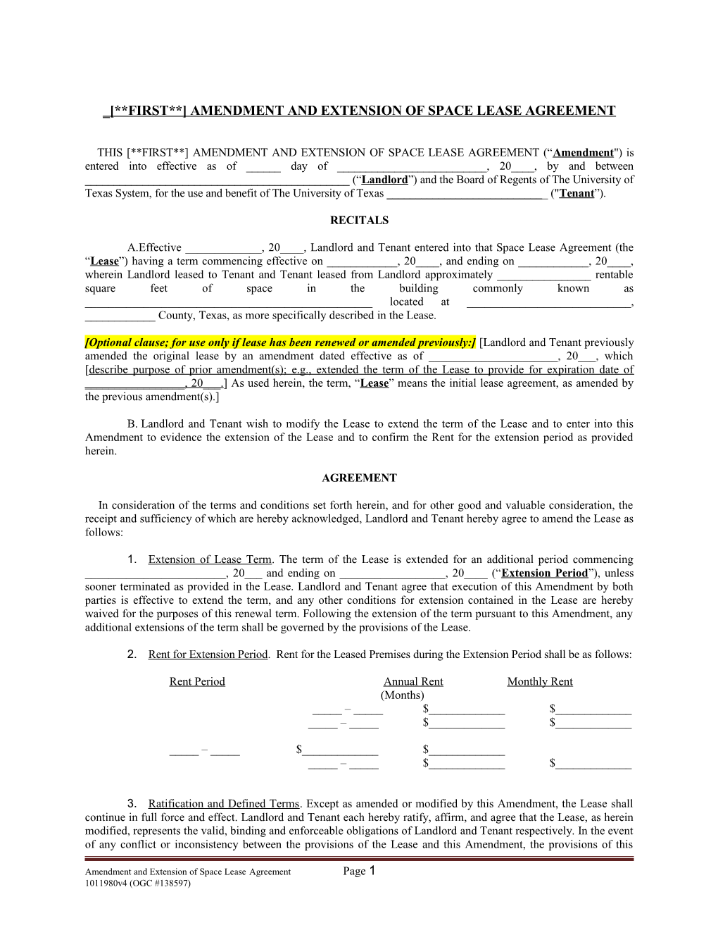 First Amendment and Extension of Space Lease Agreement