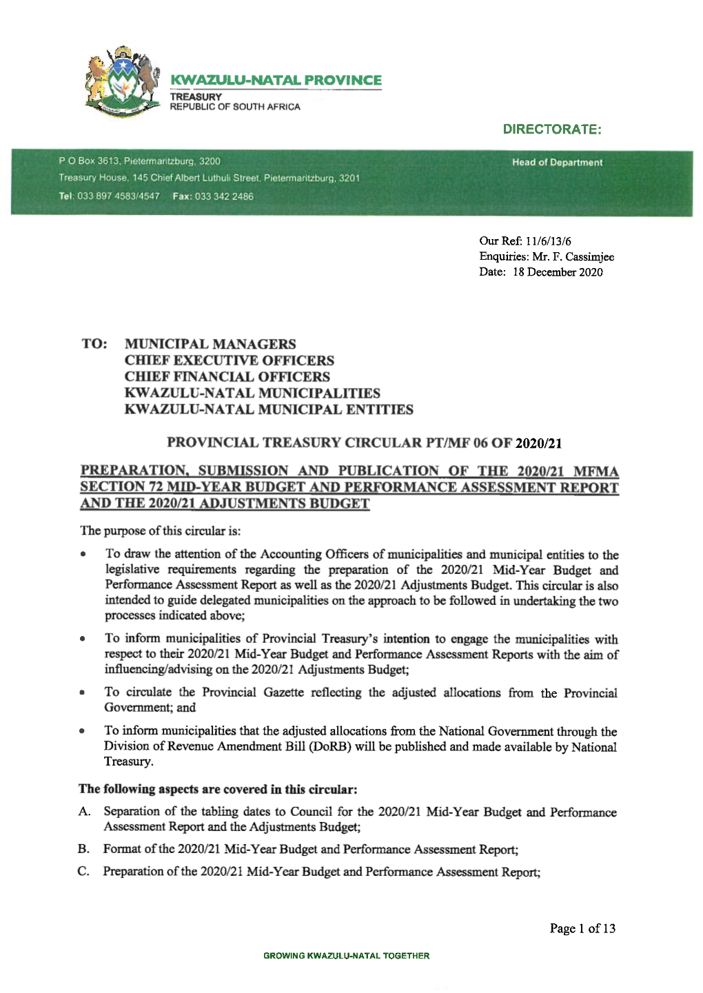 Provincial Treasury Circular PT-MF 06 of 2020 21 18 December 2020