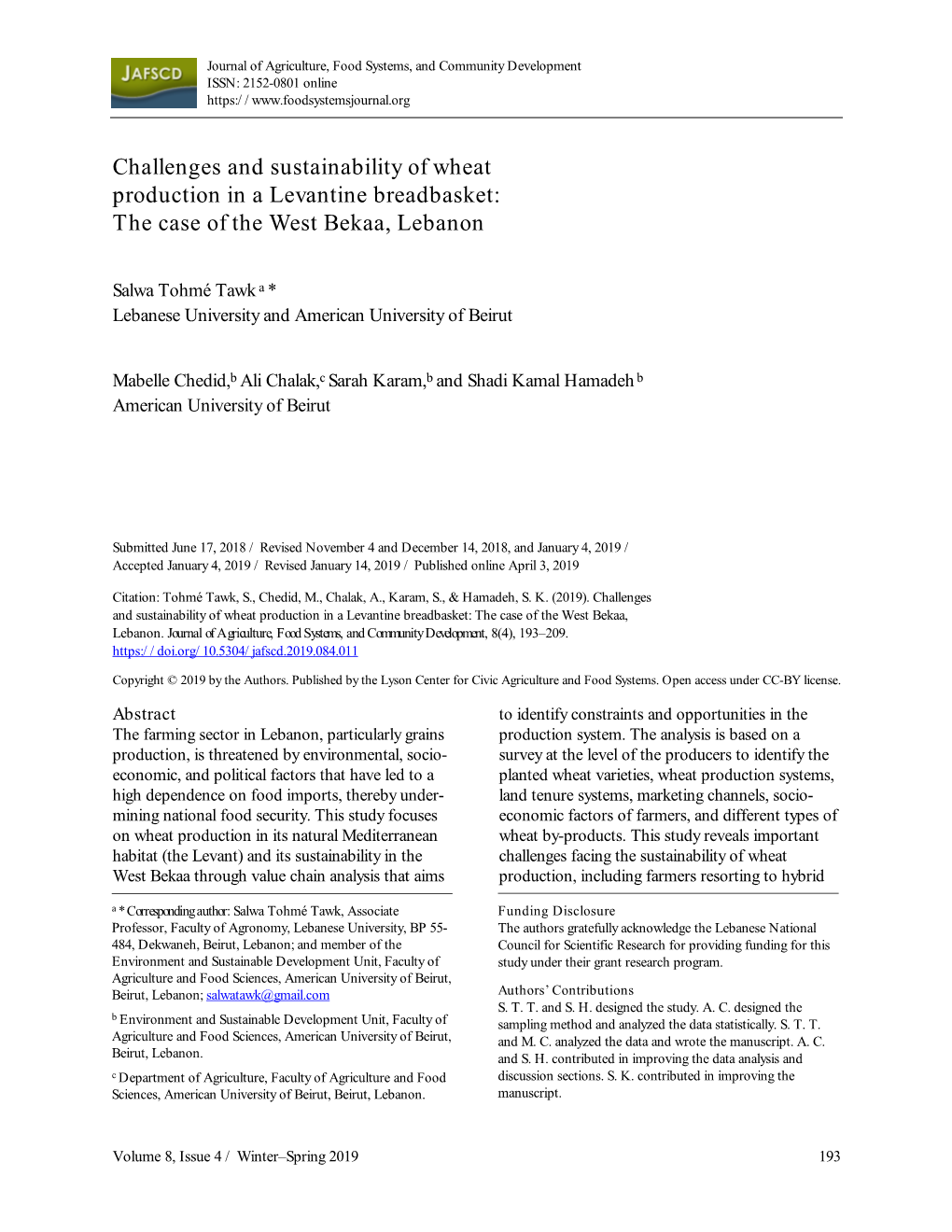 Challenges and Sustainability of Wheat Production in a Levantine Breadbasket: the Case of the West Bekaa, Lebanon