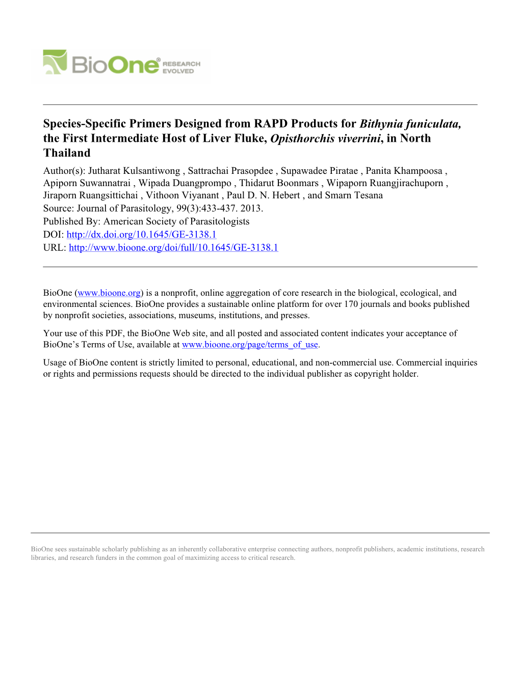 Species-Specific Primers Designed from RAPD Products for Bithynia