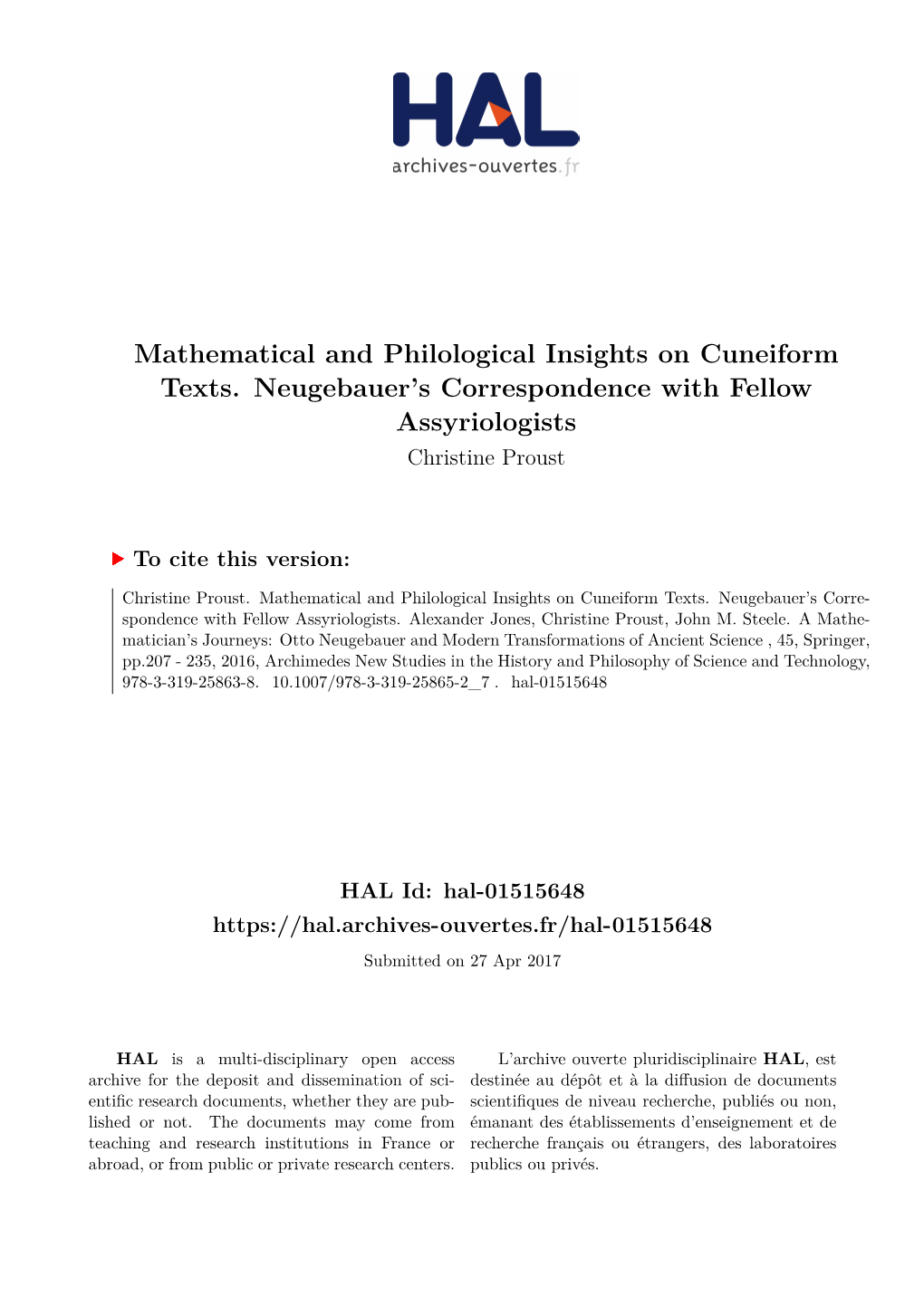 Mathematical and Philological Insights on Cuneiform Texts. Neugebauer's