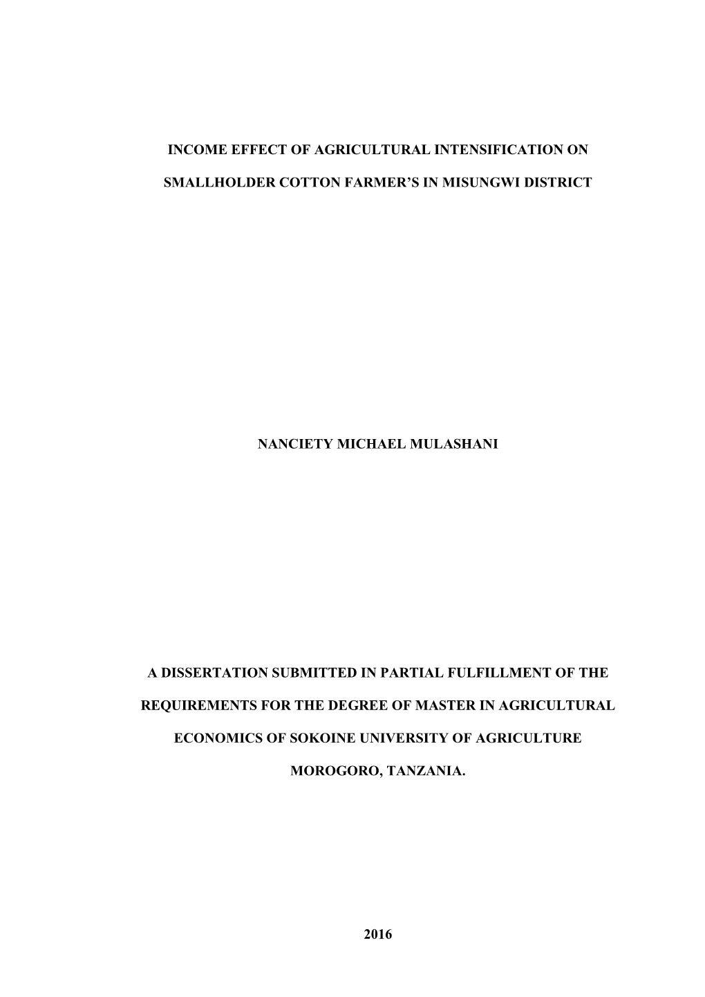 Income Effect of Agricultural Intensification on Smallholder Cotton