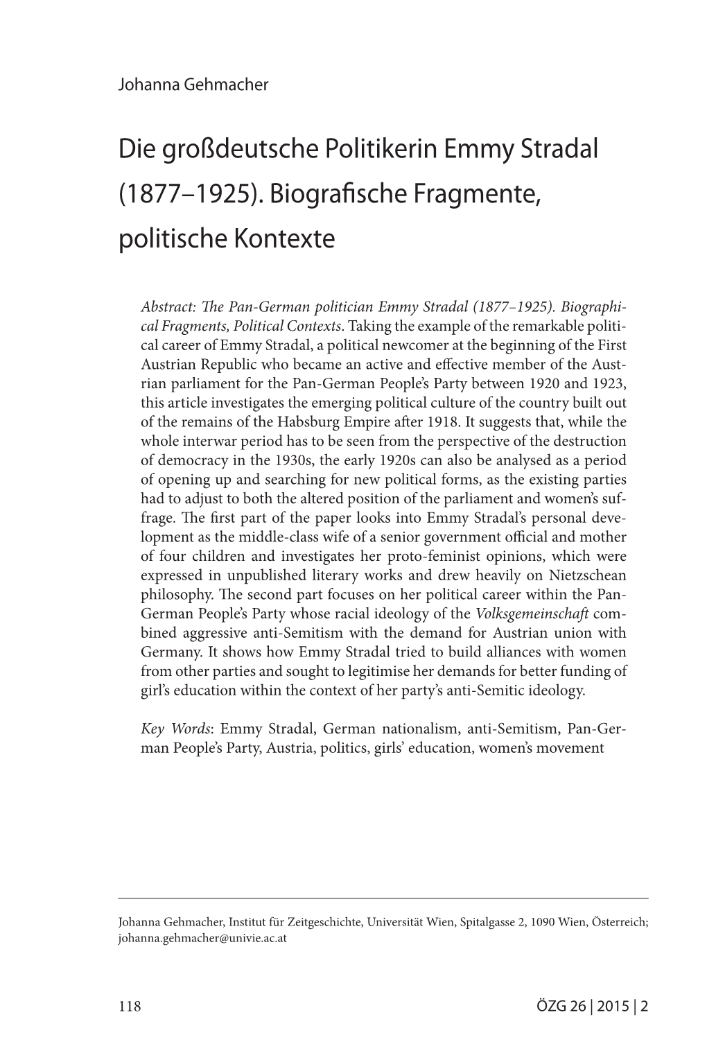 Die Großdeutsche Politikerin Emmy Stradal (1877–1925). Biografische Fragmente, Politische Kontexte