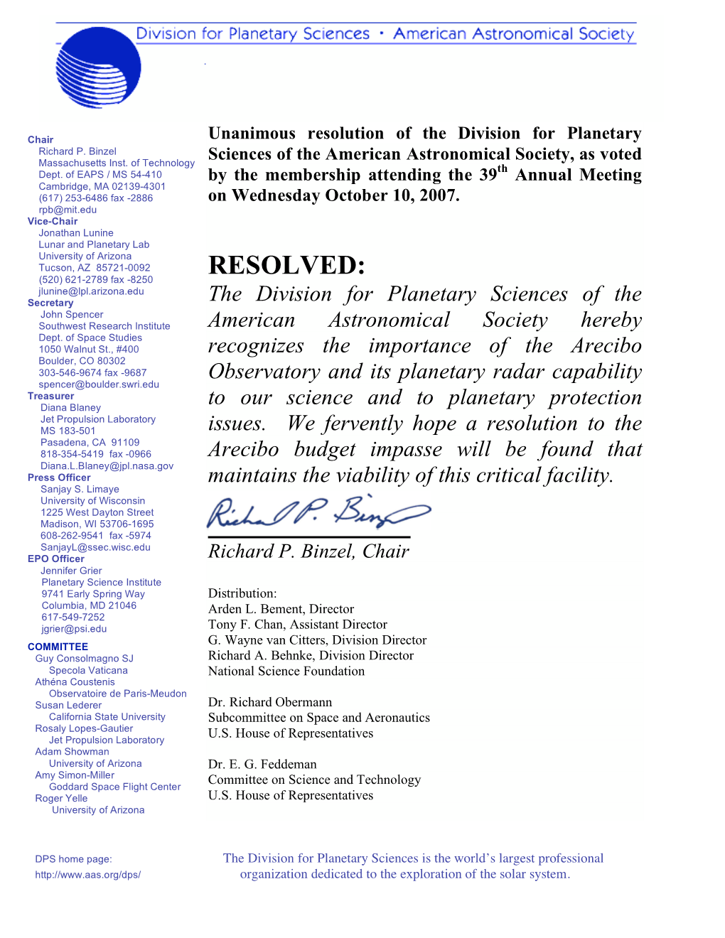 Resolution on the Status of Arecibo Radar