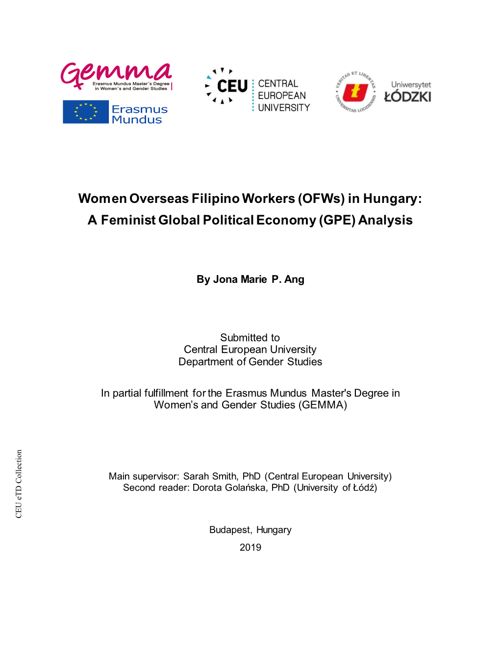 Women Overseas Filipino Workers (Ofws) in Hungary: a Feminist Global Political Economy (GPE) Analysis