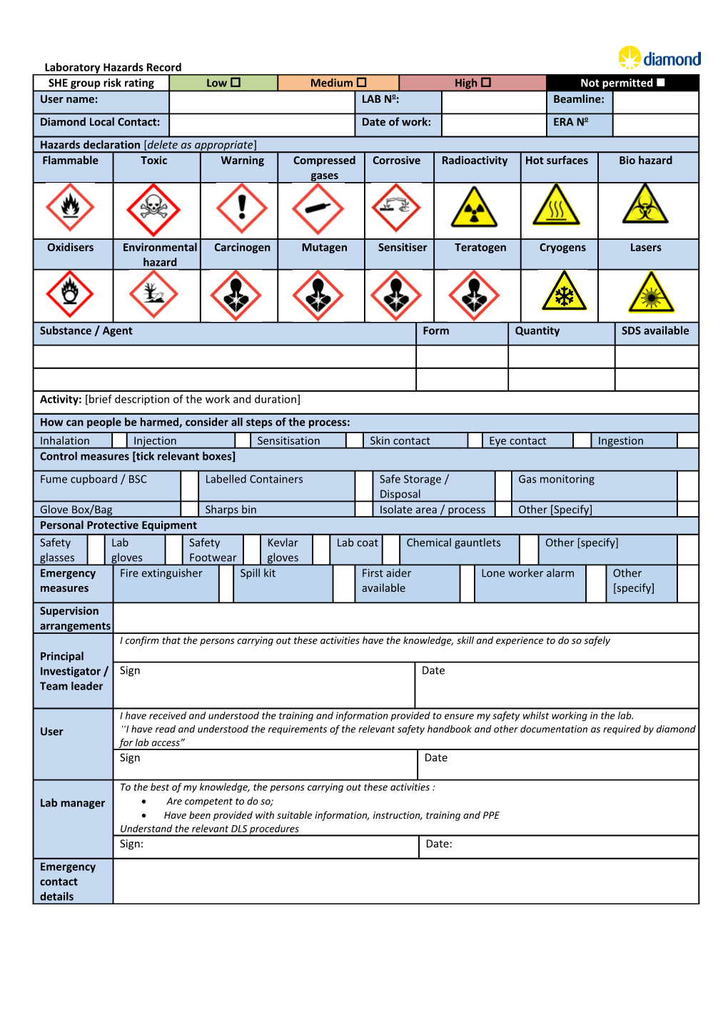 Diamond Peripheral Laboratory Hazard Declaration Form