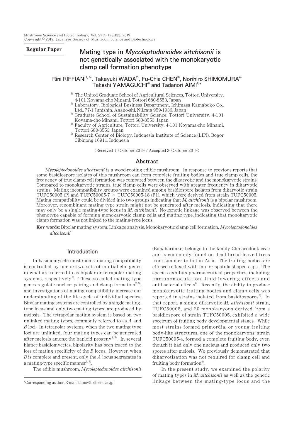 Mating Type in Mycoleptodonoides Aitchisonii Is Not Genetically Associated with the Monokaryotic Clamp Cell Formation Phenotype