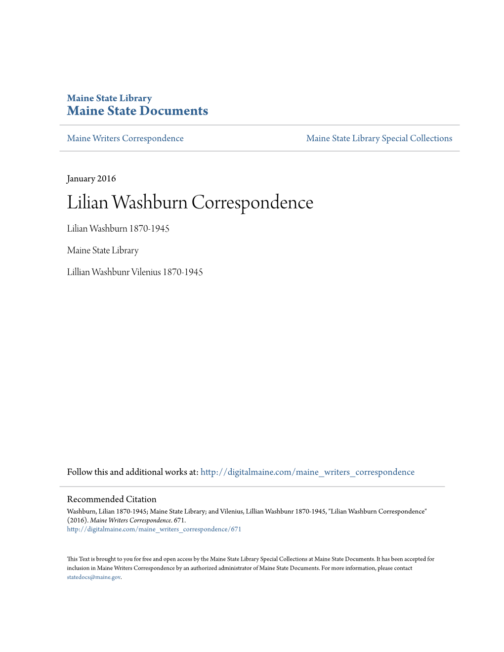 Lilian Washburn Correspondence Lilian Washburn 1870-1945