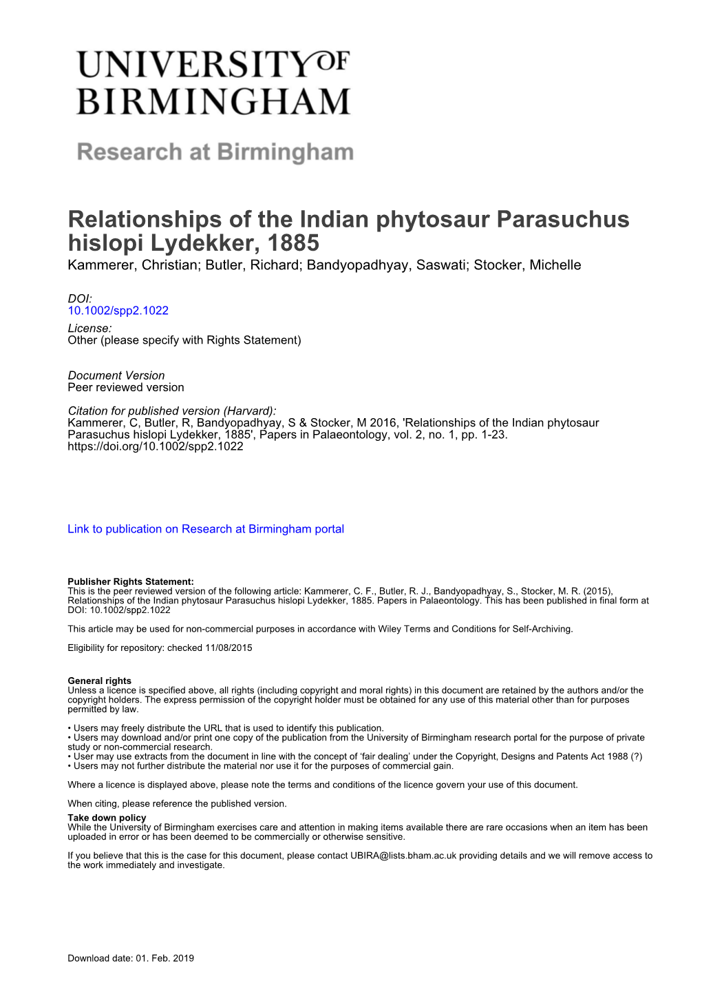 Relationships of the Indian Phytosaur Parasuchus Hislopi Lydekker, 1885 Kammerer, Christian; Butler, Richard; Bandyopadhyay, Saswati; Stocker, Michelle