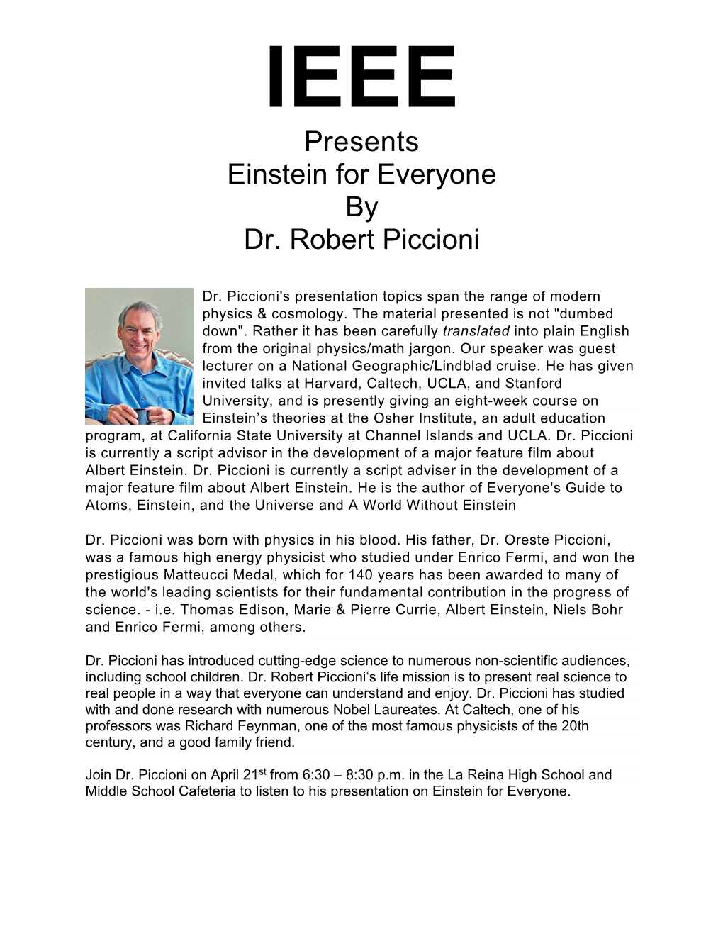 Presents Einstein for Everyone by Dr. Robert Piccioni