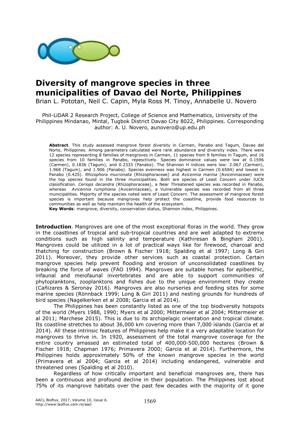 Diversity of Mangrove Species in Three Municipalities of Davao Del Norte, Philippines Brian L