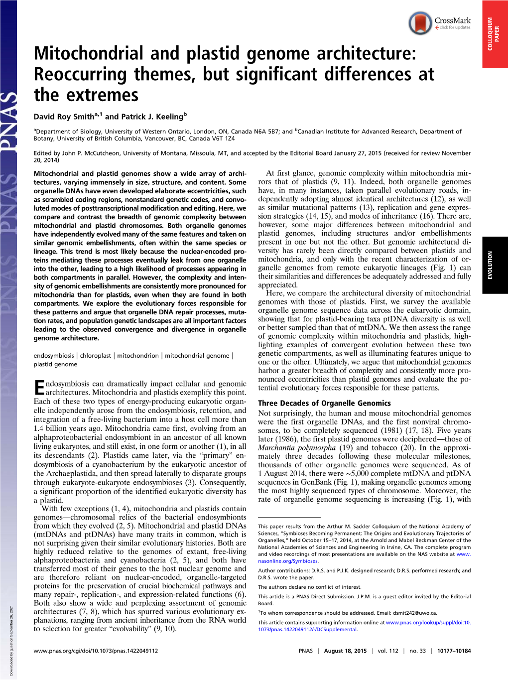 Mitochondrial and Plastid Genome Architecture: COLLOQUIUM Reoccurring Themes, but Significant Differences at the Extremes