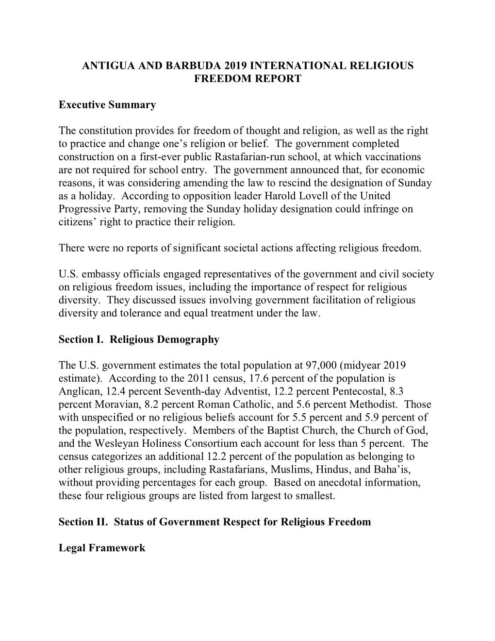 Antigua and Barbuda 2019 International Religious Freedom Report