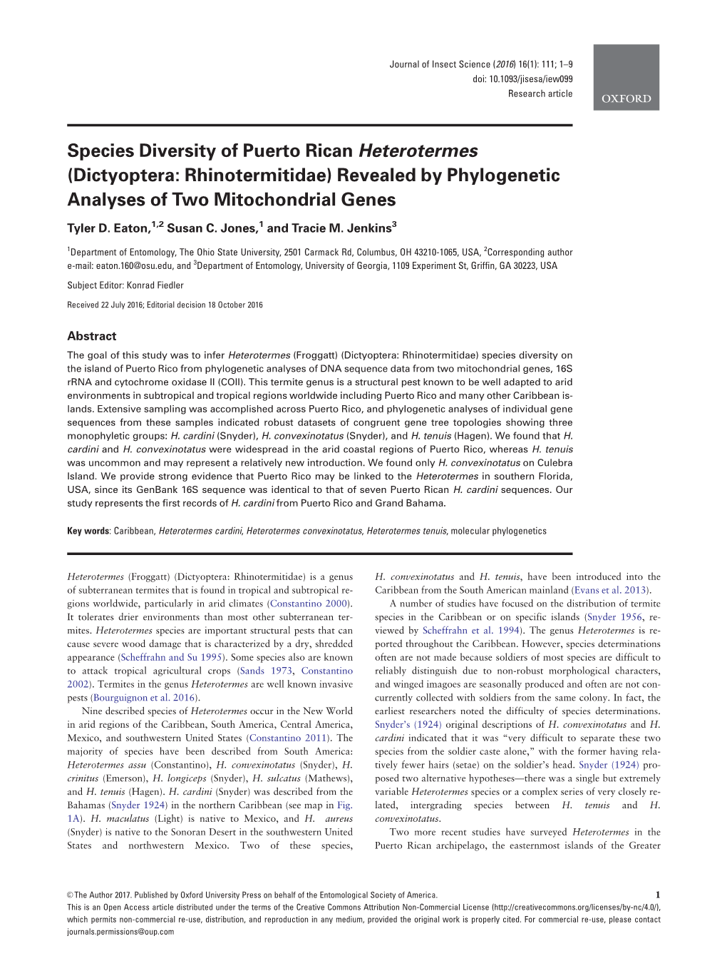 Species Diversity of Puerto Rican Heterotermes (Dictyoptera: Rhinotermitidae) Revealed by Phylogenetic Analyses of Two Mitochondrial Genes