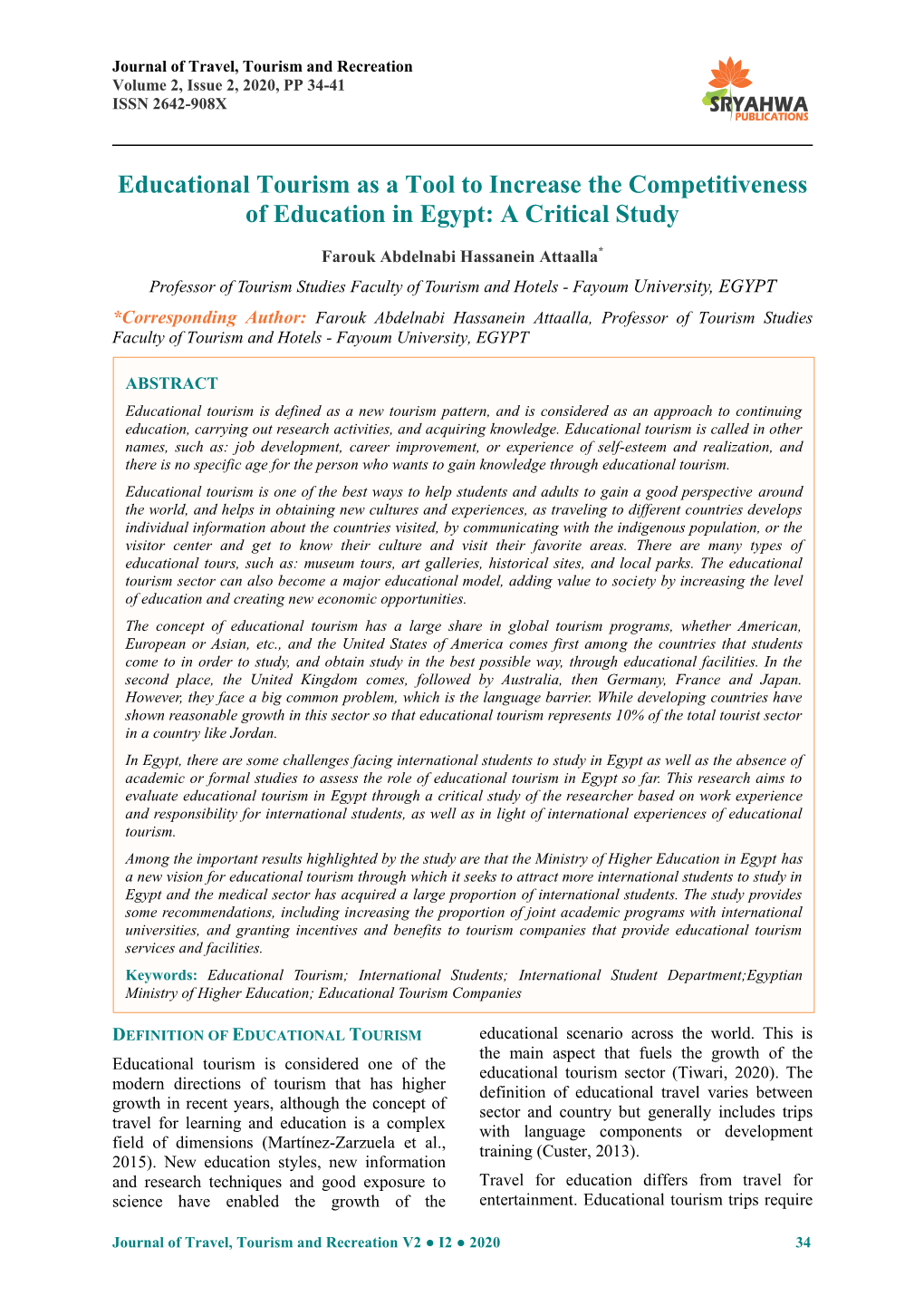 Educational Tourism As a Tool to Increase the Competitiveness of Education in Egypt: a Critical Study