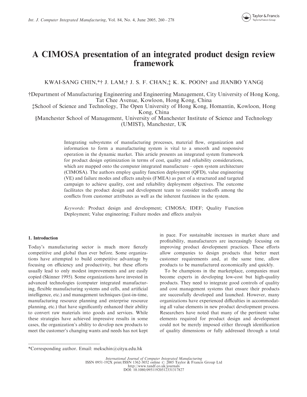 A CIMOSA Presentation of an Integrated Product Design Review Framework