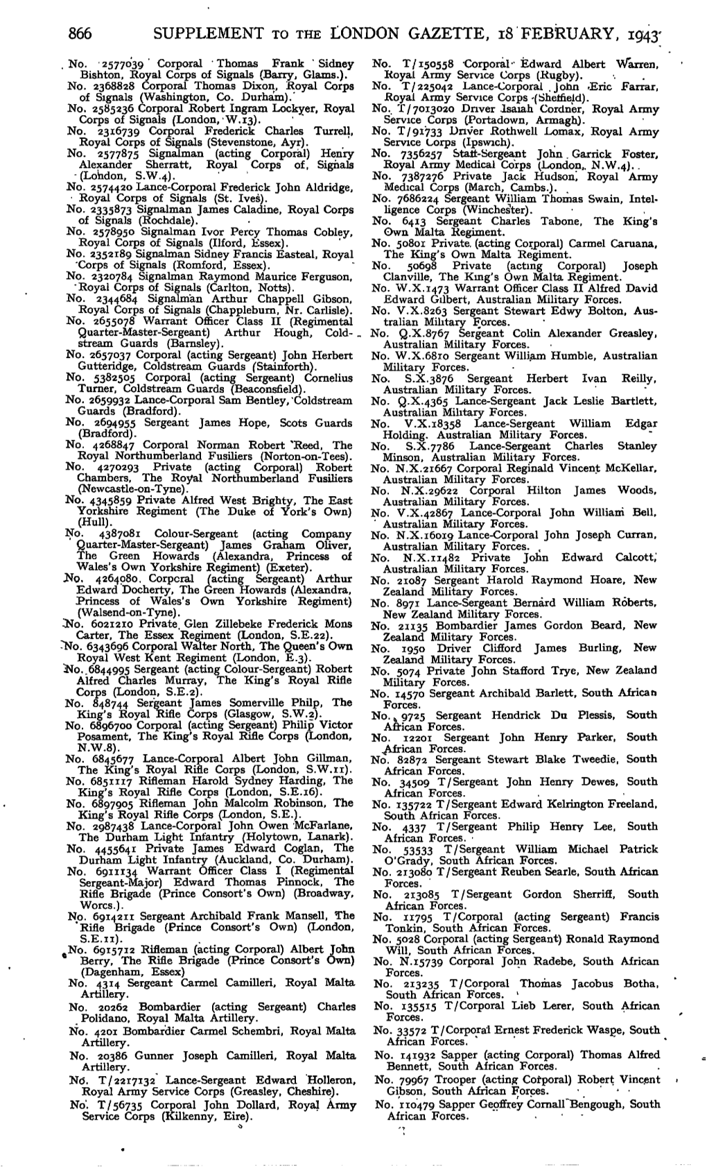 Supplement to the London Gazette, 18 February, 1943