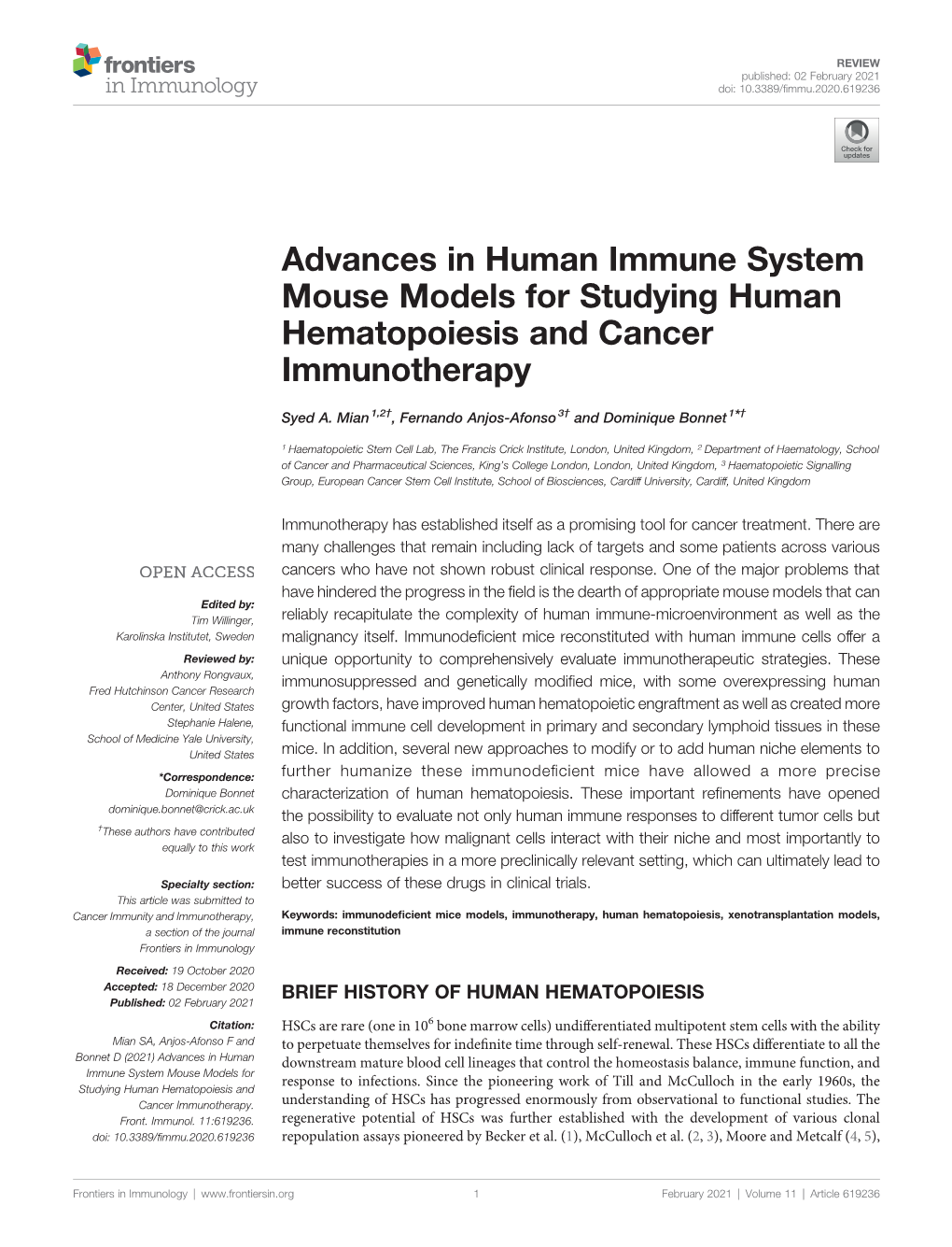 Advances in Human Immune System Mouse Models for Studying Human Hematopoiesis and Cancer Immunotherapy