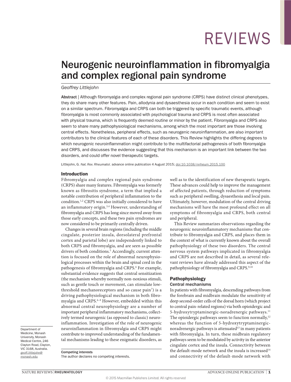 Neurogenic Neuroinflammation in Fibromyalgia and Complex Regional Pain Syndrome Geoffrey Littlejohn