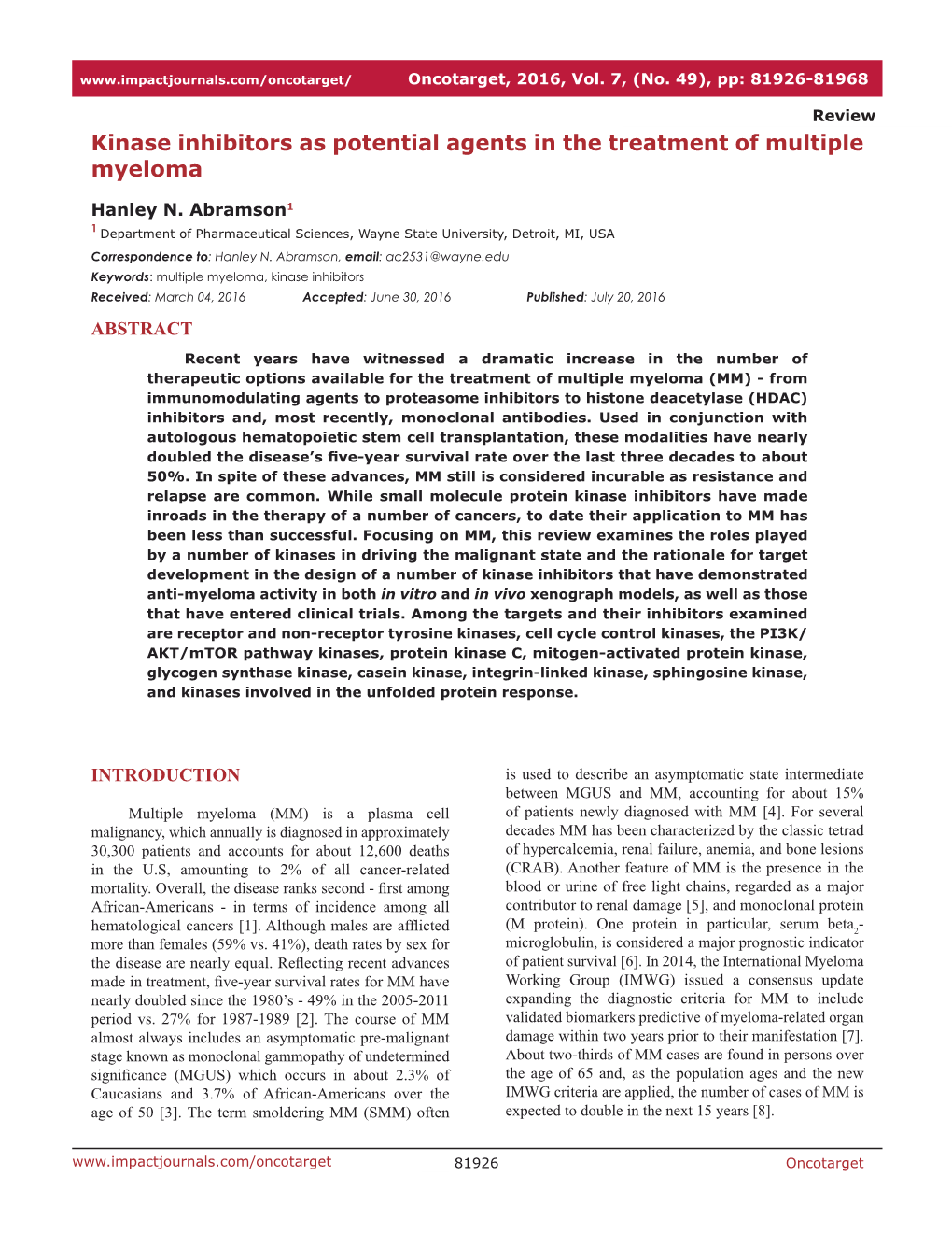 Kinase Inhibitors As Potential Agents in the Treatment of Multiple Myeloma