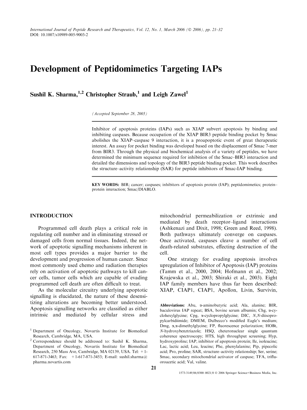 Development of Peptidomimetics Targeting Iaps