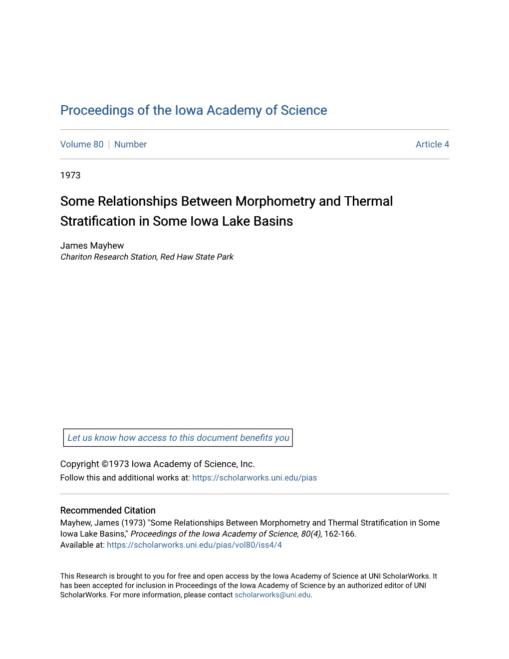 Some Relationships Between Morphometry and Thermal Stratification in Some Iowa Lake Basins