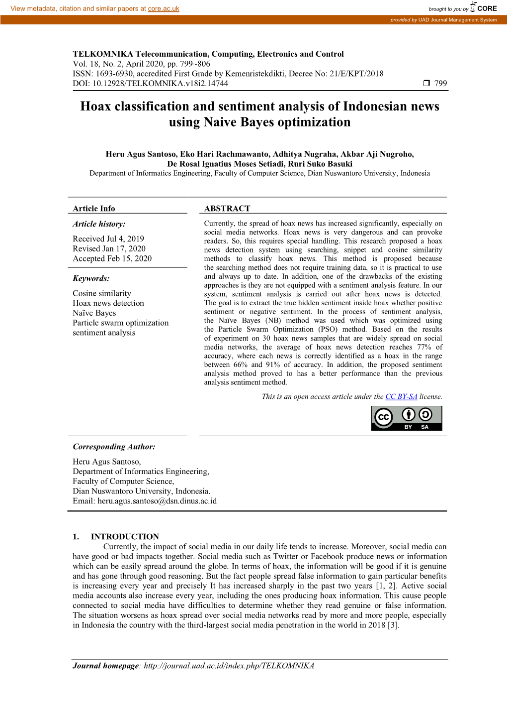 Hoax Classification and Sentiment Analysis of Indonesian News Using Naive Bayes Optimization