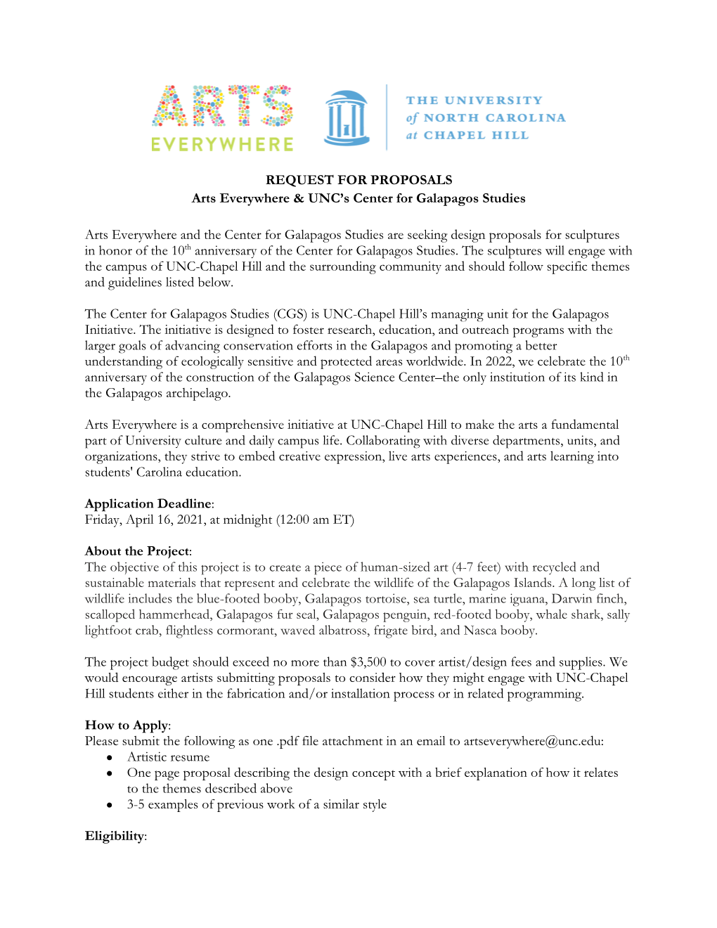 REQUEST for PROPOSALS Arts Everywhere & UNC's Center For