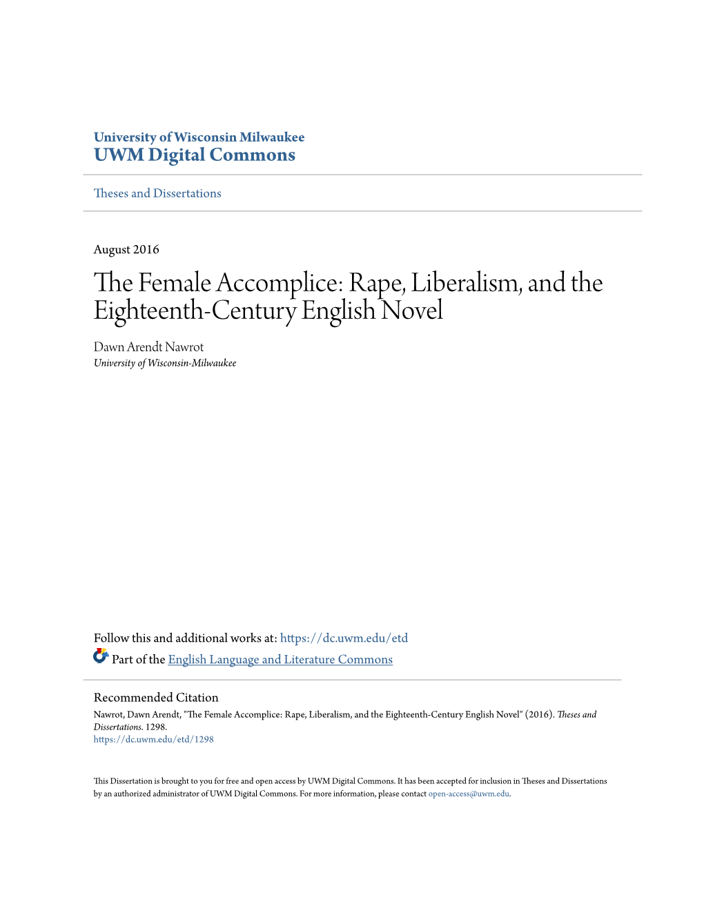 The Female Accomplice: Rape, Liberalism, and the Eighteenth-Century