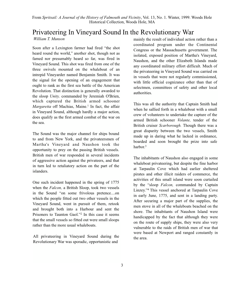 Privateering in Vineyard Sound in the Revolutionary War William T