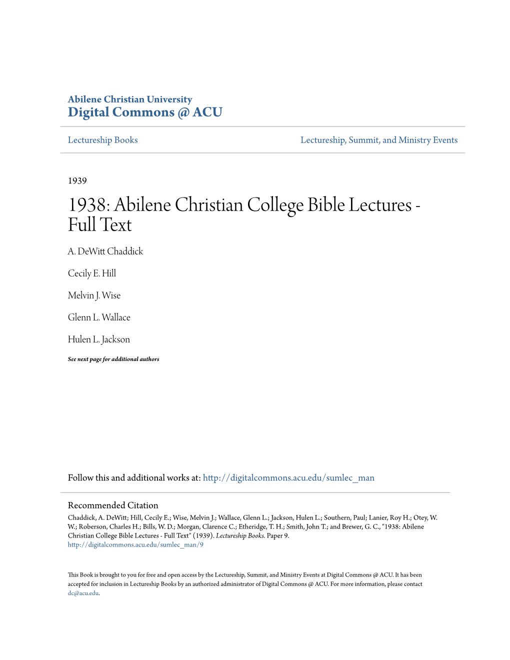 Abilene Christian College Bible Lectures - Full Text A