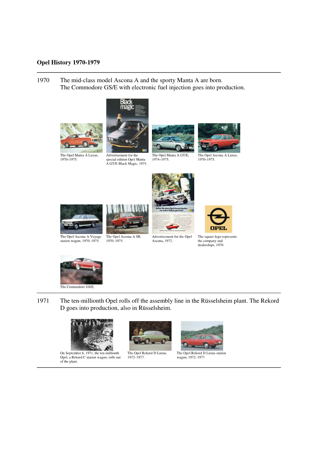 Opel History 1970-1979 1970 the Mid-Class Model Ascona a and The