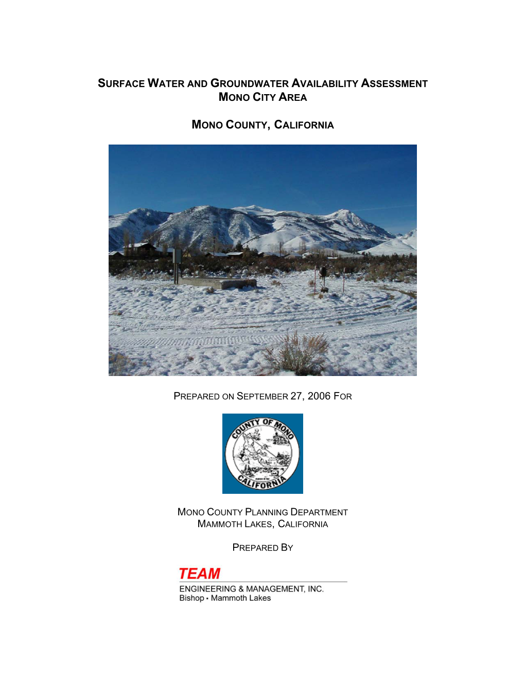 Surface Water and Groundwater Availability Assessment Mono City Area