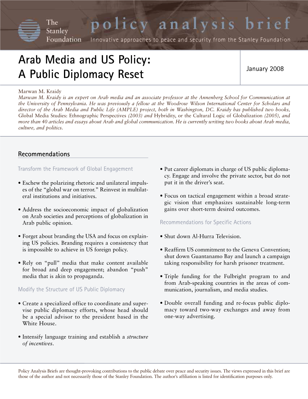 Arab Media and US Policy: a Public Diplomacy Reset January 2008