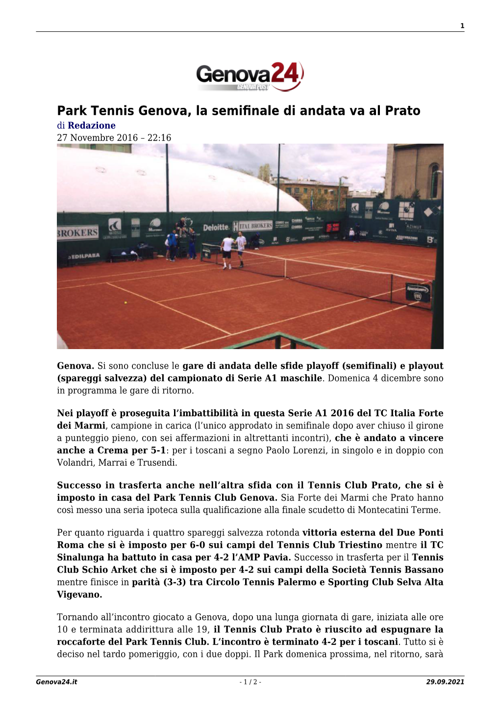 Park Tennis Genova, La Semifinale Di Andata Va Al Prato